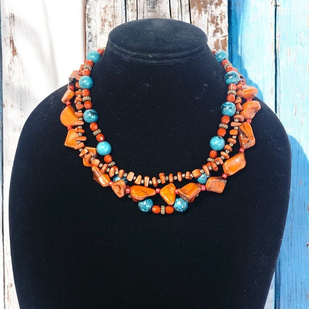 EsMor Vintage Triple Strand Bold Brown & Blue Beaded Princess Necklace 20"L